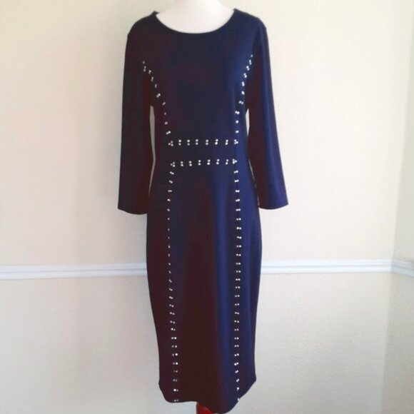 Spense Navy Midi Sheath Column Dress Silver Beading Size 8 - Picture 3 of 7